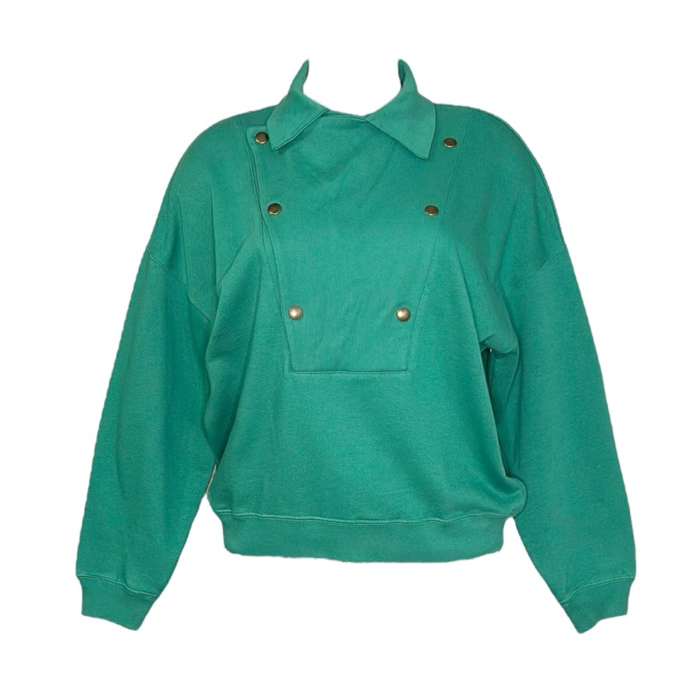 Sezane Teal Green Button-Accent Pullover Sweater